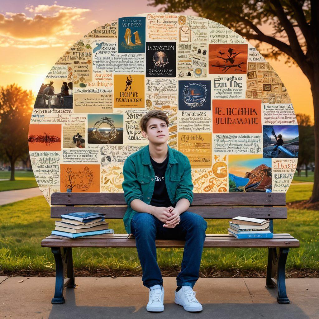 A collage depicting a thoughtful teenager sitting on a park bench, surrounded by swirling images of academic books, emotional symbols, and social interactions illustrating developmental challenges. The background features a sunset symbolizing hope and growth, with diverse teens engaging in various activities. Soft, warm colors to evoke empathy and understanding. super-realistic. vibrant colors. natural setting.
