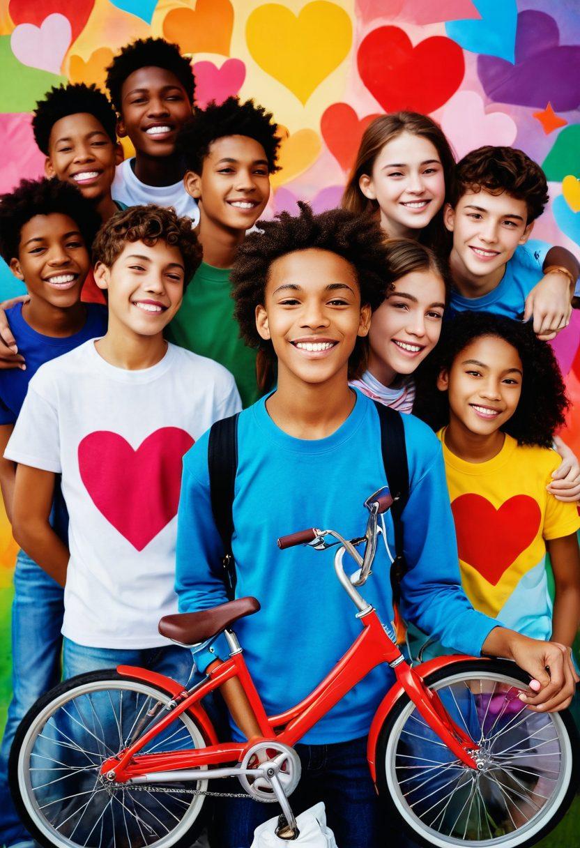 A vibrant, emotional scene depicting a diverse group of teenagers navigating their relationships, surrounded by symbolic elements of love and lifestyle, such as heart shapes, bicycles, and schoolbooks. Show a blend of happiness and turmoil on their faces, capturing both joy and struggle. Use bright colors to represent youth and energy, with a dreamy background that signifies the journey of adolescence. super-realistic. vibrant colors. soft focus.