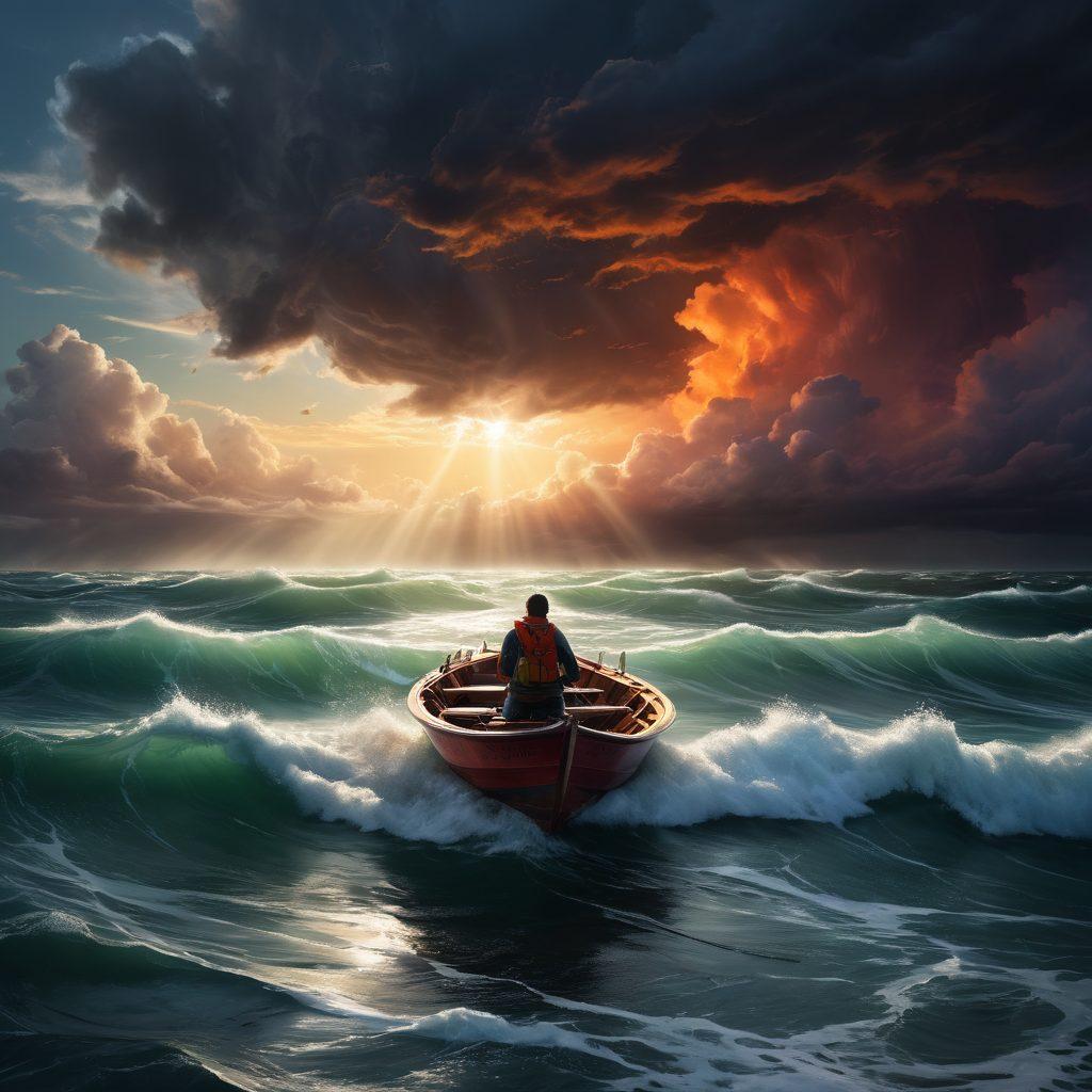 A turbulent sea representing the storm, with a young person at the helm of a small boat, navigating through waves. Surrounding them, glimpses of emotional struggles like shadows of friends and family in the background, symbolizing complex relationships. The sky is dramatic, with contrasting light breaking through the clouds, signifying hope. The colors are vivid and intense, conveying deep emotion and resilience. super-realistic. vibrant colors. dramatic lighting.